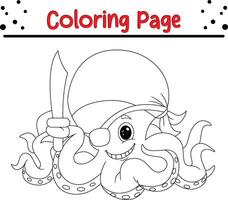 cute octopus wearing pirate costume holding sword coloring book page for kids. vector