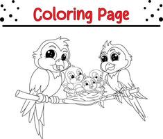 pájaro familia árbol colorante libro página para niños. vector