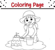 little girl playing sand coloring book page for kids. vector