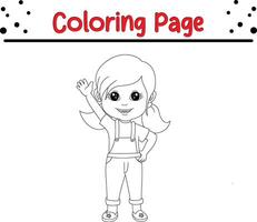 cute little girl waving coloring book page for kids. vector