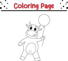 cute cow holding balloon coloring book page for kids. vector