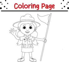 girl scout waving coloring book page for children vector