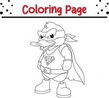 cute duck wearing superhero costume coloring page for kids. Black and white illustration for coloring book vector