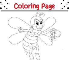 cute bee carrying honey bucket coloring book page for kids. vector