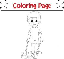 young boy sweeping floor coloring book page for children vector