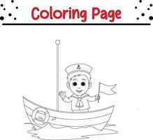 sailor boy waving wooden boat coloring book page for kids. vector