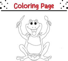 cute frog holding cutlery coloring page for kids and adults vector