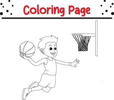 linda chico jugando baloncesto colorante libro página para niños vector