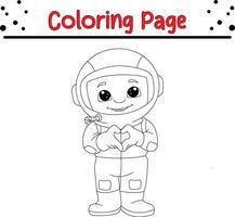 little boy wearing astronaut coloring book page for kids. vector