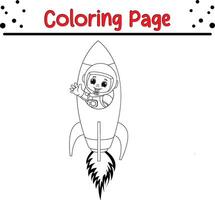 young astronaut waving from rocket coloring book page for kids. vector