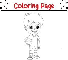 boy soccer player holding ball coloring book page for kids. vector