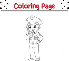 boy wearing police costume posing coloring book page for kids. vector