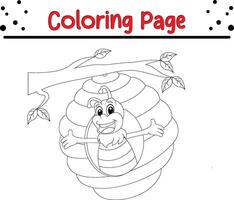 cute bee waving beehive coloring book page for kids. vector