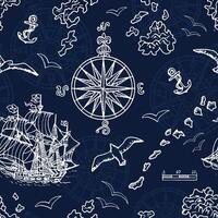 Seamless background with marine and nautical elements, old ships, compass vector