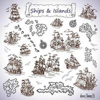 Design set with old sailing ships, treasure islands, compasses vector