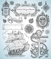 Design set with old nautical elemens, sailing ship, anchor vector