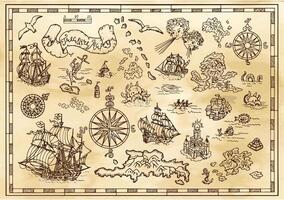 Design set with nautical decorative elements, fantasy creatures, pirate treasure map vector