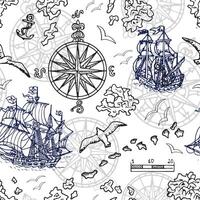 Seamless background with marine and nautical elements, old ships, compass vector