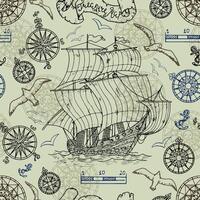 Seamless background with marine and nautical elements, old ships, compass vector