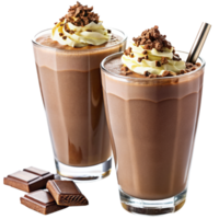 two glasses of chocolate milkshake with a straw in the middle. png