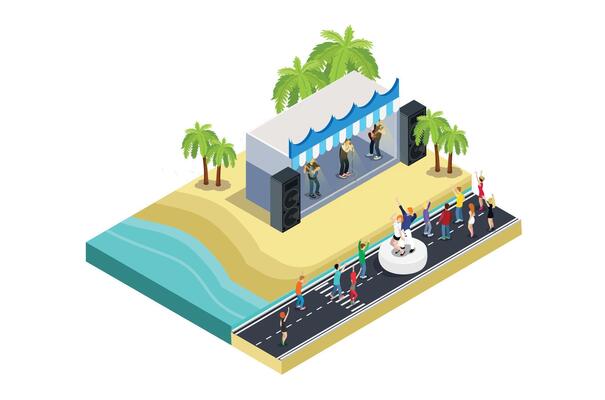 Illustration of a music event festival on a beach with blue sea, highway and parked vehicles in a row, 3d concept of isometric view of concert party background and stage landscape.