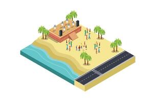 Illustration of a music event festival on a beach with blue sea, highway and parked vehicles in a row, 3d concept of isometric view of concert party background and stage landscape. vector