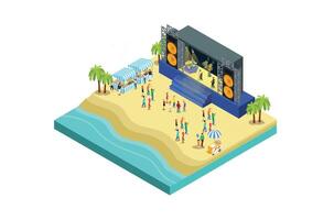 ilustración de música evento festival en el playa con azul mar y Embarcacion carga, 3d concepto isométrica ver de concierto fiesta elementos antecedentes y etapa paisaje. vector