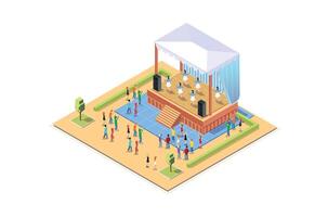 ilustración música festival concepto 3d isométrica ver concierto fiesta elementos paisaje antecedentes y escenario. ilustración de musical evento vector