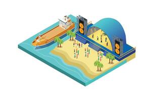 Illustration of Music event Festival on the beach with blue sea and ship cargo, 3d Concept Isometric View of Concert Party Elements Background and Stage Landscape. vector