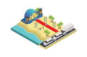 Illustration of a music event festival on a beach with blue sea, highway and parked vehicles in a row, 3d concept of isometric view of concert party background and stage landscape. vector