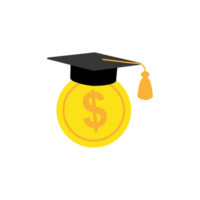 Education and money illustration, flat cartoon graduation hat and coin, concept of scholarship cost or loan, tuition or study fee, value of student knowledge, learning success png