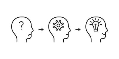 cabeza perfil con pregunta, pensar y idea mente, línea icono. nacimiento de idea. bombilla, inteligente idea lámpara símbolo. controlar de mente, positivo pensando y inspiración, psicología ilustración vector