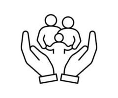 Hand support family community, kinship line icon. Care, protection, help parents and children in family. Generational connection, family research, genealogy. Volunteer support. outline illustration vector