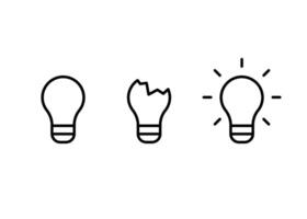 Bulb light full, broken and bright, line icon set. Lightbulb symbol as idea concept sign. Lamp simple outline. illustration vector