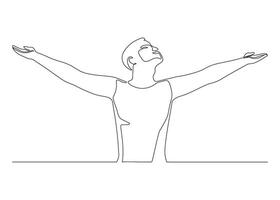 Happy man raising hands in an exercise of relax and breathing, one line continuous drawing. Person stretching arms as symbol of freedom and openness to peace. illustration vector