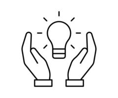 Bulb light in hand, line icon. Lightbulb symbol as idea concept sign. Lamp simple outline. illustration vector