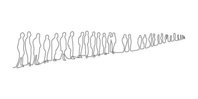 grupo de personas en pie en cola, continuo uno línea dibujo. multitud de personas esperando en línea. minimalista sencillo lineal estilo. contorno ilustración vector