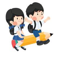 Kid Happy student flying on Pencil back to school vector