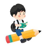 contento chico estudiante leyendo en lápiz espalda a colegio vector