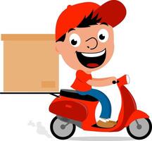 mensajero conductor chico en rojo ciclomotor entregando comida y producto pedidos. dibujos animados mensajero hombre montando un scooter y entregando un caja paquete. vector