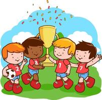 Children soccer players holding the trophy at the football field. Kids athletes sports team winning the soccer game. vector