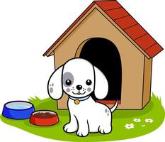 Cute cartoon pet dog standing outside his doghouse next to bowls of food and water. Puppy character at his home in the garden. vector