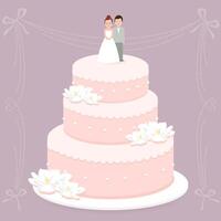 A stylish wedding cake decorated with white magnolia flowers and a bride and groom cake topper. Beautiful pink wedding cake for wedding shower party. vector