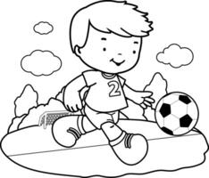 Little child football athlete at the stadium kicking a soccer ball. Boy playing soccer. Black and white coloring page. vector
