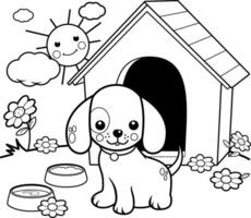 Cute cartoon pet dog standing outside his doghouse next to bowls of food and water. Puppy character at his home in the garden. Black and white coloring page. vector