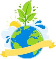 Save the planet, ecology Earth day. Earth globe environment growing a healthy tree, the sun, water and clouds. Blank banner to fill in text. vector