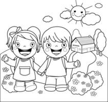 niños a escuela. contento niña y chico estudiantes en el colegio patio trasero. negro y blanco colorante página. vector