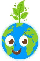 Cartoon planet Earth character and a growing tree. Save the planet Earth with clean environment, plants and trees. vector