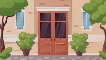 el fachada de el edificio es en un clásico estilo con un doble Entrada puerta y ventanas ladrillo muro, arboles y decorativo arbustos dibujos animados horizontal ilustración. vector