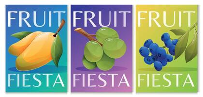 Set of bright vertical advertising banner templates with the text Fruit Fiesta. Cartoon illustration of a bunch of blueberries, green grapes, ripe yellow mango. vector